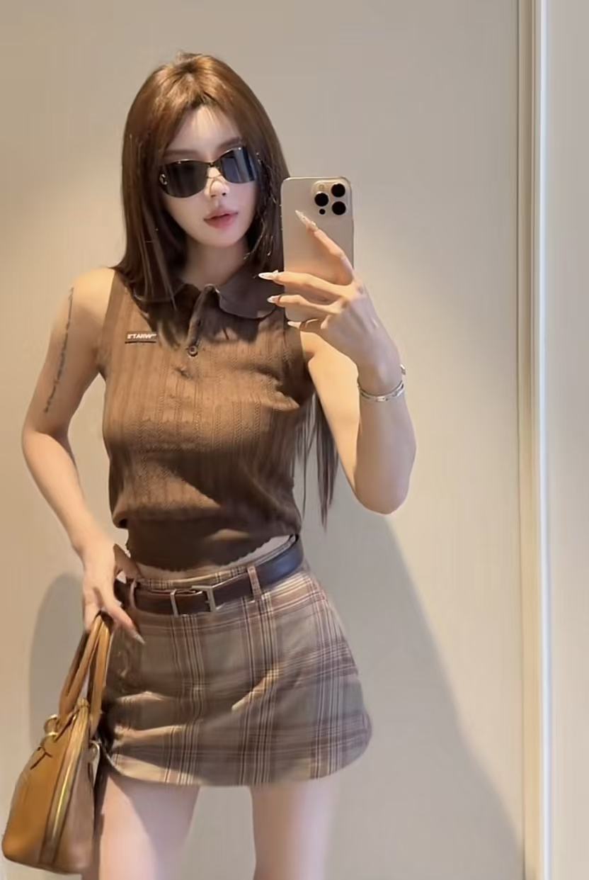 학원 스타일 POLO 칼라 홀로우 아웃 니트 스웨터 여성 여름 새로운 민소매 티셔츠 슬림해 보이는 고급 센스 조끼 맨위 여성