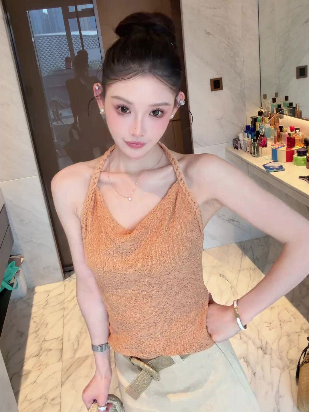 순수한 욕망 바람 행침 목 흔들다 칼라 니트 캐미솔 여름 외출용 몸매 가꾸기 슬림해 보이는 쇼트 스타일 핫걸 민소매 맨위