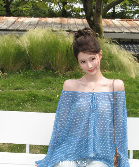 오프숄더 도트 무늬 레이스업 얇은 스타일 시폰 셔츠 여성 여름 루즈핏 마이크로 ~을 통해 디자인 센스 긴팔 맨위
