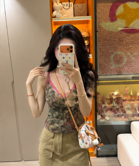 아메리칸 핫걸 페이크 레이어드 레이스 조각 캐미솔 여름 외출용 몸매 가꾸기 디자인 센스 쇼트 스타일 민소매 맨위