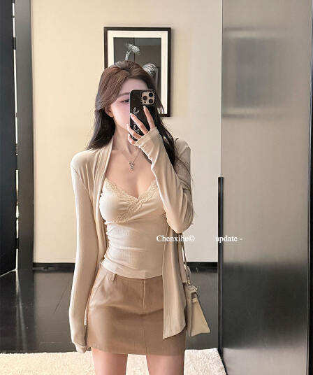 그는 아침 부드러운 센스 쇼트 스타일 긴팔 카디건 코트 레이스 레이스 슬립 투피스 세트 맨위