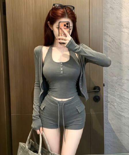 한 부서 순수한 욕망 섹시함 바람 몸매 가꾸기 행침 목 슬립 맨위 얇고 가벼운 오픈 가디건 하이웨이스트 슬림해 보이는 반바지 여성 여름 세트