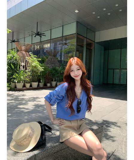 오래된 돈 바람 파란색 스탠드 칼라 긴팔 여성 셔츠 여름 얇은 스타일 루즈핏 슬림해 보이는 셔츠 품격 다용도 오픈 가디건 맨위
