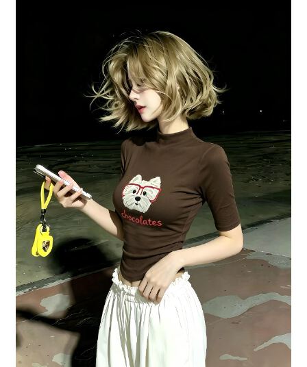 한 스타일 귀여운 강아지 프린트 반팔 티셔츠 여성 여름 새로운 허리 수축 슬림해 보이는 디자인 아름다운 반하이넥 맨위