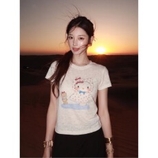 批发猫咪印花短袖tee正肩女t恤韩版<b class='q'>上装</b>圆领短上衣夏+半裙