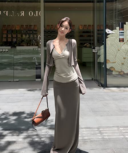 한 부서 캐주얼 느긋한 V넥 슬립 외부 가져 가라. 긴팔 오픈 가디건 여성 이른 가을 하이웨이스트 반신 롱 스커트 패션 3종 세트