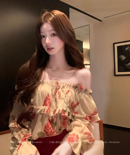yoli 장 宥 이익 열정적 인 순간 장미 오프숄더 시폰 셔츠 여성 가을 레트로 루즈핏 슬림해 보이는 맨위