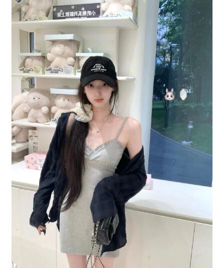 꽃 회색 V넥 레이스 슬립 드레스 순수한 욕망 진자 미니 스커트 레트로 체크무늬 가을 어깨 셔츠 느긋한 셔츠