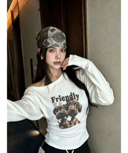 한 부서 순수한 욕망 바람 섹시함 레오파드 무늬 행침 목 세련된 슬립 비스듬한 칼라 오프숄더 강아지 프린트 긴팔 티셔츠 투피스 세트