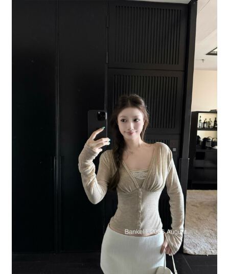 밤나무 코코아 bankelili 순수한 욕망 안개 빛 76 주간 실크 19 양모 V넥 플리츠 오픈 가디건 튜브탑 세트 그룹