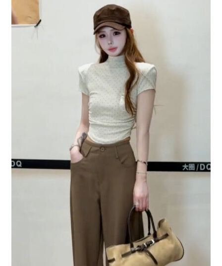 한 부서 핫걸 바람 도트 무늬 스탠드 칼라 반팔 티셔츠 여성 이른 가을 새로운 몸매 가꾸기 슬림해 보이는 인사이드 가져 가라. 만나는 쇼트 스타일 맨위