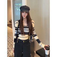 批发美式学院风撞色条纹长袖针织开衫女秋季内搭吊带背心上衣两件<b class='q'>套装</b>