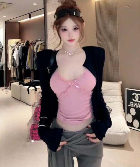 순수한 욕망 섹시함 핑크색 레이스 나비 매듭 캐미솔 오픈 가디건 두 조각 여성 세트 가을 새로운 몸매 가꾸기 다용도