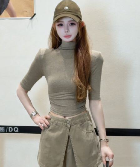 한 부서 익스트림 제인 반하이넥 5 점 소매 티셔츠 여성 2026 가을 새로운 인사이드 가져 가라. 기본 셔츠 몸매 가꾸기 쇼트 스타일 맨위