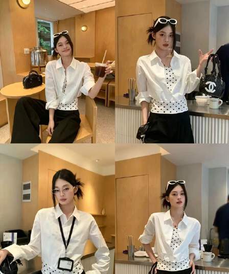화이트 도트 무늬 페이크 레이어드 긴팔