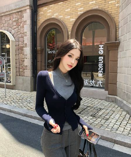 farte shop 서울 유럽 니켈 회색 조끼 V넥 파란색 오픈 가디건 두 조각 여성 세트 봄 가을 맨위