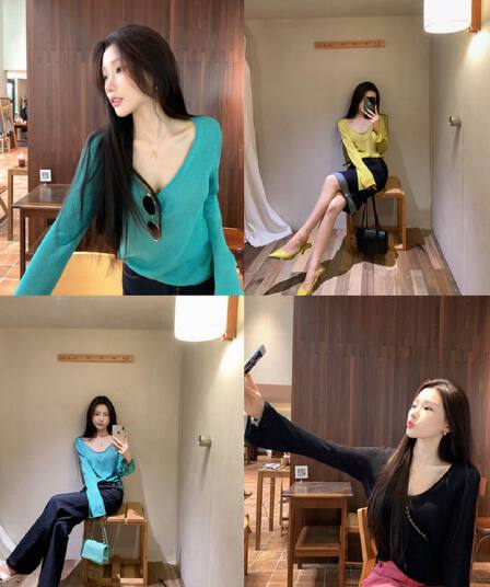 한 부서 파란색 홀로우 아웃 긴팔 니트 스웨터 여성 조기 가을 착용 가져 가라. 느긋한 분위기 센스 캐주얼 루즈핏 스웨터 맨위