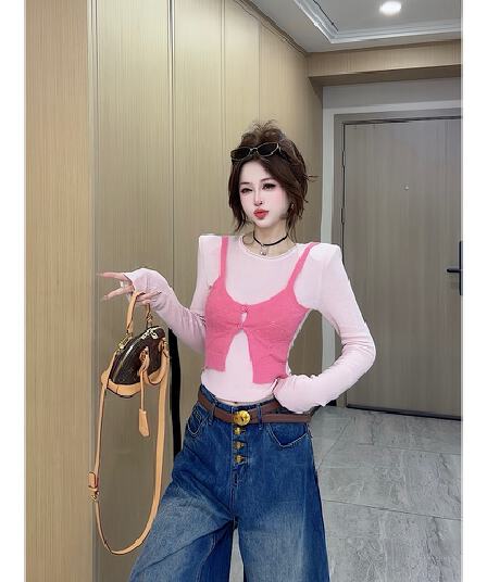 이른 가을 신제품 한 부서 핫걸 순수한 욕망 바람 배색 패치워크 페이크 레이어드 니트 맨위 여성