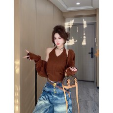 批发早秋新款时尚气质显瘦挂脖针织<b class='q'>背心</b>+披肩两件套上衣女