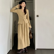 批发已出货 2025温柔风V领坑条开衫上衣女高级感百褶长款<b class='q'>连衣裙</b>套装