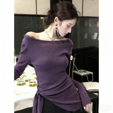 批发已出货  秋冬季慵懒时尚百搭洋气<b class='q'>不规则</b>领型修身显瘦绑带针织上衣