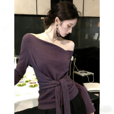 批发已出货六羊毛  秋冬法式慵懒<b class='q'>不规则</b>收腰绑带露肩长袖<b class='q'>针织衫</b>上衣女