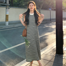 批发慵懒风条纹吊带连衣裙女春夏新款多巴胺甜美风内搭长裙无袖<b class='q'>背心</b>裙