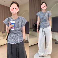 批发2026夏季新款韩系简约圆领显瘦格子上衣+休闲宽松百搭阔腿裤套<b class='q'>装</b>