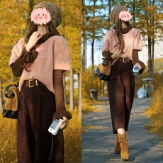 批发纯色短袖简约款针织衫+荷叶花边半高领打底+直筒高腰休闲七分裤