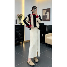 批发<b class='q'>冬</b>季竖条纹长袖针织毛衣+包臀拉链一步裙高腰毛线宽松加厚直筒裙