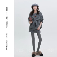 批发冬季氛围感蝴蝶结钉珠毛衣女时尚宽松毛衣<b class='q'>通勤</b>风纯色针织短裤高腰