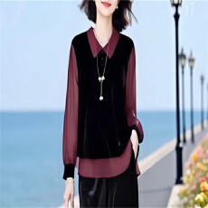 批发2025秋冬新款法式小众别致韩系<b class='q'>娃娃领</b>拼接丝绒温柔<b class='q'>雪纺上衣</b>