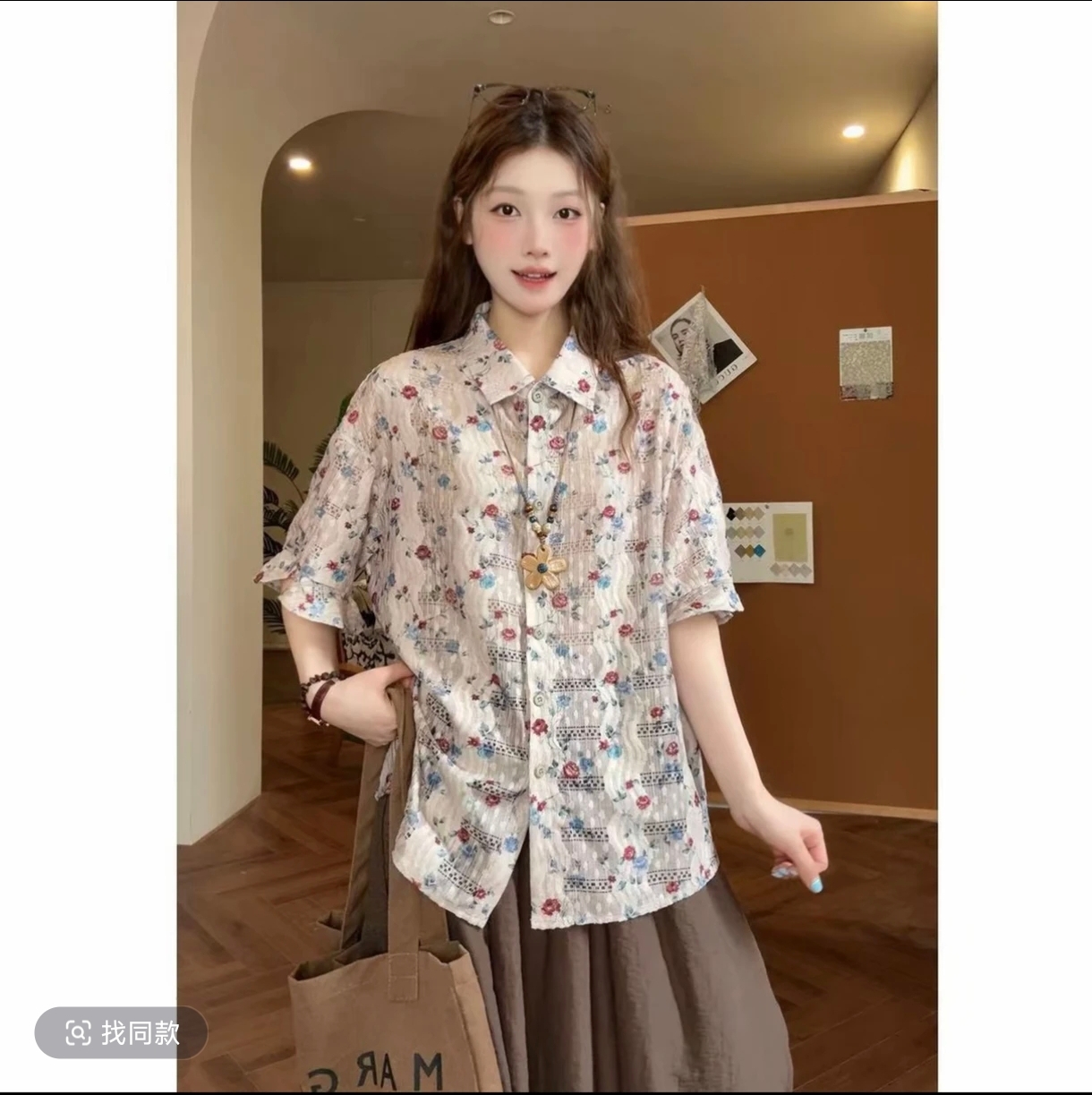 vgvl 라운드 맨위 얼음 와 화재 여름 디자인 센스 꽃무늬 레트로 홀로우 아웃 홍콩 느낌 다용도 셔츠