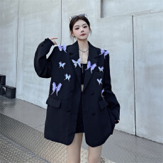 批发实拍设计感手工立体蝴蝶高定韩版宽松休闲气质西装外套上衣