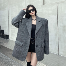 批发实拍 韩版高级感休闲垫肩中<b class='q'>长款</b>毛呢<b class='q'>西装</b>外套大衣