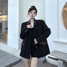 批发实拍高级感新款雪呢尔拼接小西装外套女拼皮西服加厚