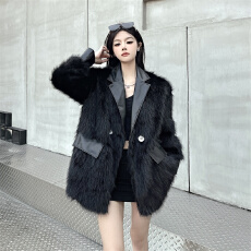批发实拍环保防狐狸毛皮草西装外套女秋冬宽松百搭皮毛拼接大衣