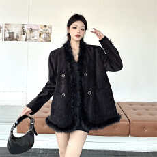 批发实拍高级感毛毛拼接雪呢尔外套2025秋冬宽松时尚外套