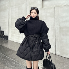 批发实拍高级感赫本风收腰显瘦夹棉外套女小个子中长款绑带大衣