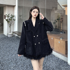 批发实拍高级感轻奢雪尼尔钉珠西装外套气质名媛毛毛拼接宽松西服