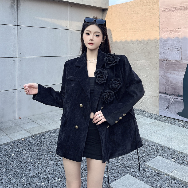 실사 고급 센스 셰닐 3 차원 꽃 무거운 작업 블레이저 작은 대중 디자인 긍정적 인 어깨 정장