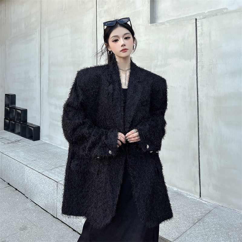 실사 한국 동대문 채볼 천 골드 모피 술 정장 여성 코트 품격 루즈핏 정장