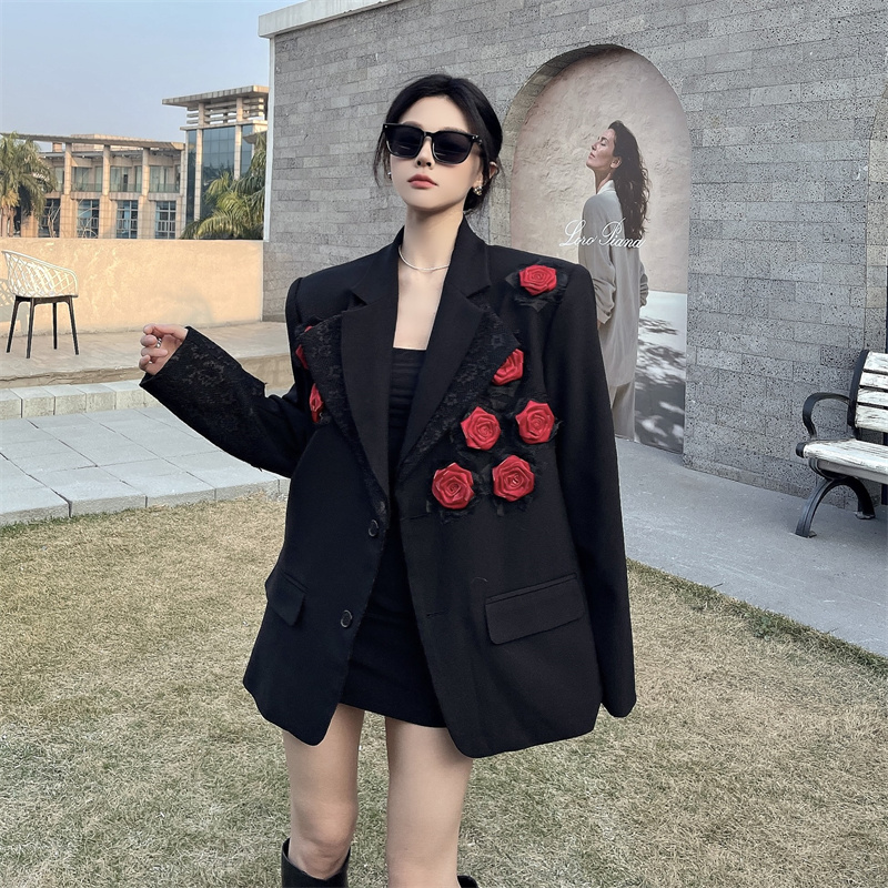 실사 작은 대중 디자인 센스 더블 칼라 레이스 블레이저 고급 센스 3 차원 꽃 어깨 패드 정장 재킷