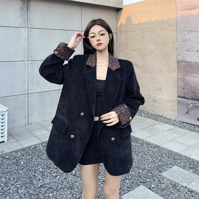 실사 고급 센스 셰닐 블레이저 패치워크 레오파드 무늬 한국 스타일 루즈핏 맨위