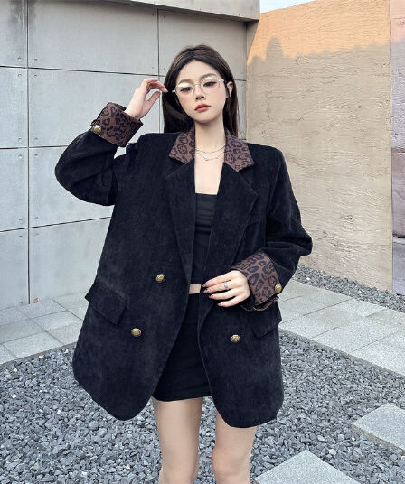 실사 고급 센스 셰닐 블레이저 패치워크 레오파드 무늬 한국 스타일 루즈핏 맨위