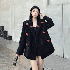 批发实拍马年限定高级感鸿运当头烫钻黑色雪尼尔西装外套