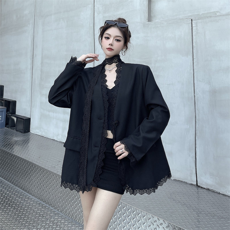 실사 검정색 레이스 조각 정장 여성 코트 봄 가을 새로운 품격 어깨 패드 정장 맨위 경기 리본