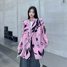 批发实拍设计感粉色印花通勤职业西装外套女高端垫肩西服
