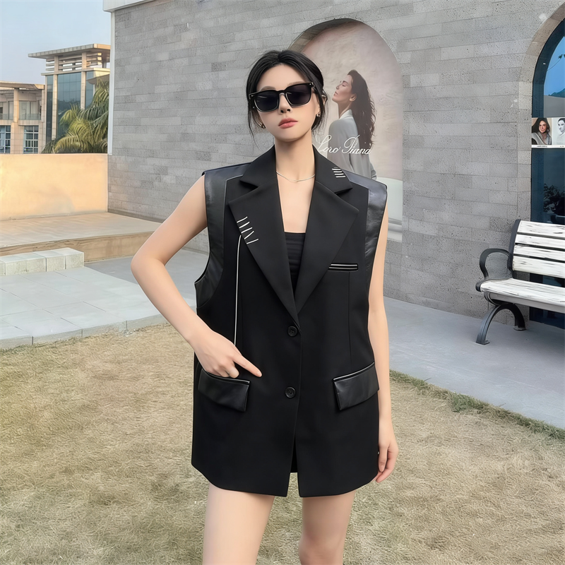 실사 디자인 센스 가죽 스티칭 정장 조끼 여자 새로운 고급 센스 품격 폴로 칼라 외출용 조끼