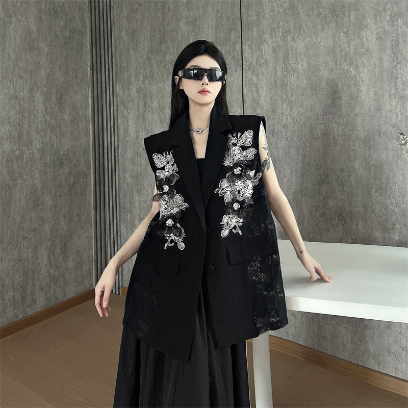 실사 빛 럭셔리 프랑스식 고급 센스 레이스 조각 정장 베스트 여름 얇은 스타일 비즈 박기 민소매 정장 재킷